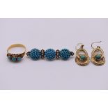 A small group of Victorian turquoise and yellow metal jewellery, comprising; a pair of drop