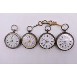 A Victorian open faced silver pocket watch, key wind, 40mm; together with three Continental white