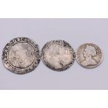 Coins: a Queen Anne 1711 sixpence; together with a James I silver shilling; and a Charles I silver