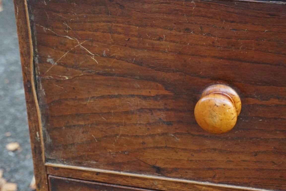 An antique oak chest of four drawers, converted from a secretaire, 101cm high x 98cm wide x 53cm - Image 2 of 7