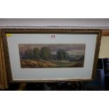 English School, late 19th century, a village landscape, indistinctly signed, watercolour, 17 x 45cm;