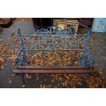 A blue painted cast iron garden bench. This lot can only be collected on Saturday 19th December (9-