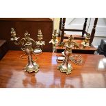 A pair of gilt brass mounted twin branch table lights, height excluding fittings 36cm.