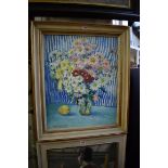 Janet Davies, still life of flowers in a vase with a lemon, signed and dated '89, oil on board, 55 x