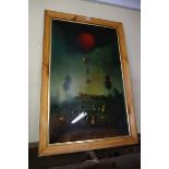 A reproduction reverse glass print of a hot air balloon, 75.5 x 47cm.