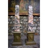 A pair of brass and marble obelisk table lamps, height excluding fitting 62cm.
