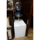 A painted plaster lifesize head, 31cm high, on white painted base.