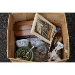 A mahogany tea caddy; an Ivorex panel of Canterbury Cathedral and sundry china and glass.This lot