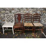 (THH) Two antique rush seated dining chairs; together with two other chairs.This lot can only be