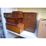 A late Victorian oak writing box, 41cm wide; together with other various boxes.