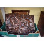 A pair of Continental carved walnut Romayne panels, 27 x 21cm; together with others.