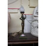An Art Deco bronzed figural table lamp, height including glass shade, 49cm.