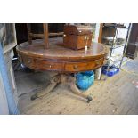 (THH) A 19th century mahogany circular drum top tripod library table, with tooled leather inset