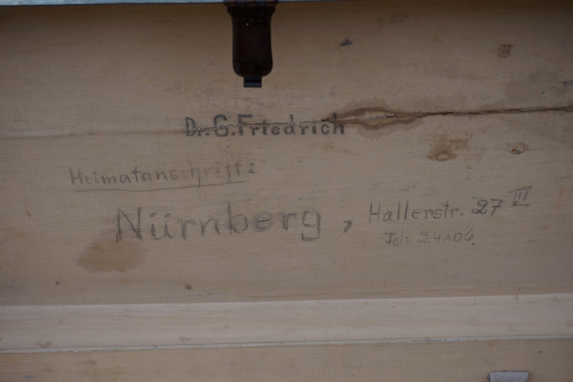 A German metal bound canvas covered travelling trunk, painted 'Dr G Freidrich', by D.R.G.M., 76cm - Image 4 of 6