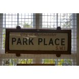 A vintage enamel 'City of Westminster, Park Place, S.W.1' London street sign, 30 x 90cm.
