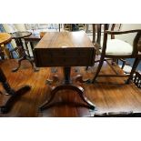 A 19th century rosewood pedestal work table, 74.5cm wide when open.