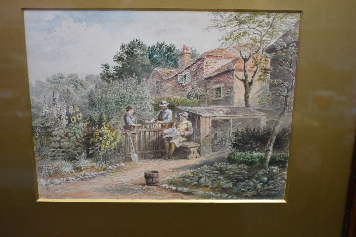 Myles Birket Foster, figures in a cottage garden, monogrammed, watercolour, 18 x 24cm. - Image 2 of 5
