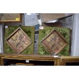 A pair of Japanese copper relief wall plaques, 17cm square, framed.