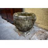 (THH) A large antique weathered marble mortar, 18th century or earlier, relief decorated with