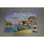 Joseph Galea, 'Grand Harbour, Malta', signed and dated 1961, painted on six tiles, the whole 30.5
