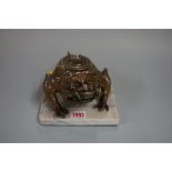 A Chinese bronze Chan Chu toad, on mable base, 16cm wide.