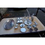 (THH) Two silver plated storm lamps; together with a quantity of other silver plated items. This lot