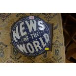 A vintage enamel double sided 'News of the World' sign, 31cm high.