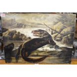 Circle of Henry Rolfe, an otter and a salmon on a riverbank, oil on canvas, 40.5 x 56cm, unframed.