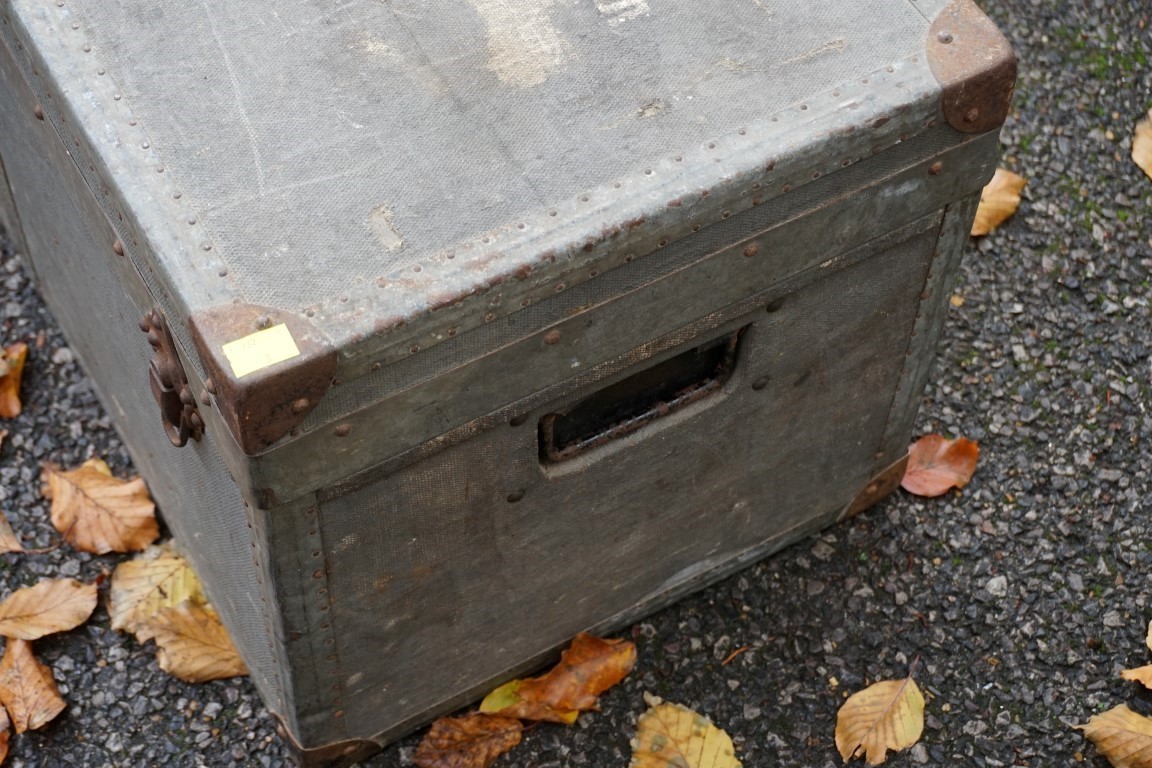 A German metal bound canvas covered travelling trunk, painted 'Dr G Freidrich', by D.R.G.M., 76cm - Image 2 of 6