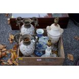 A marble table lamp; together with a pair of continental ceramic vases a Delft vase and one other.