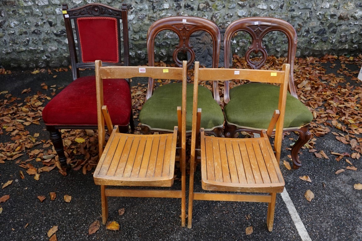 A pair of folding chairs; and three dining chairs. This lot can only be collected on Saturday 19th