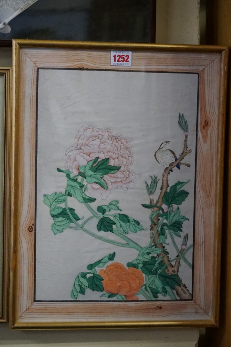 Chinese School, 19th century, a bird on a flowering branch, within a faux painted mount, watercolour