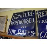 Two similar large vintage enamel 'Furniture Warehoused' and 'Removals' signs, 106.5cm square.