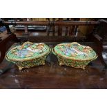 Two Victorian Minton majolica game tureens and covers, 31cm wide.