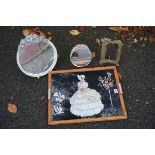 An inlaid tray; together with three mirrors.This lot can only be collected on Saturday 19th December