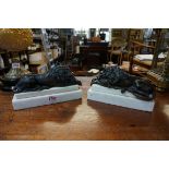 (THH) After Antonio Canova, a pair of bronze recumbent lions, on white marble bases, largest 23.