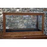 An early 20th century mahogany museum display case, 56cm high x 145cm wide x 49.5cm deep.This lot