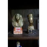 Two brass busts of Egyptian figures, each on marble base, largest 13.5cm high.