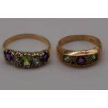 A Suffragette five stone gold ring, tests as 18ct, set amethyst, peridot and diamond; together