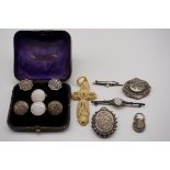 A small group of Victorian silver jewellery, to include: an opal brooch; a cased set of silver studs