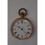 A small 19th century 18k gold open faced stem wind pocket watch, 36mm.