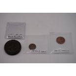 Coins: a George III 1797 cartwheel penny; together with a George IV 1822 farthing; and a Victoria