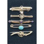 Five various gem set gold bar brooches, hallmarked or stamped 375/9ct, 12g gross weight.