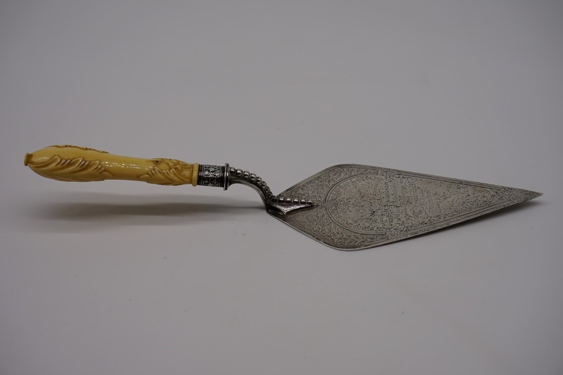 A Victorian silver ivory handled commemorative trowel, by Roberts & Belk (Charles Belk & E