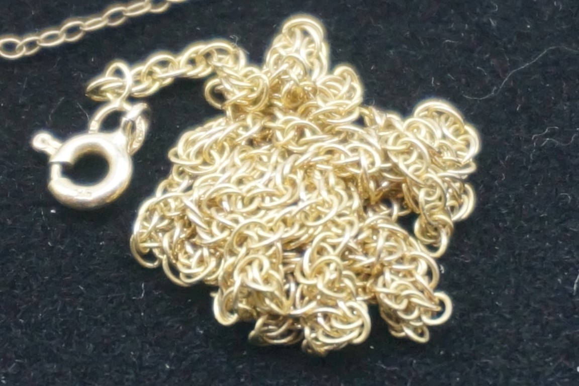 Two gold neck chains; together with a gold bracelet, (a.f.), all stamped or hallmarked 375/9k, 11. - Image 3 of 3