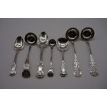 A small collection of silver Kings pattern spoons, comprising; a dessert spoon, Exeter 1849; a