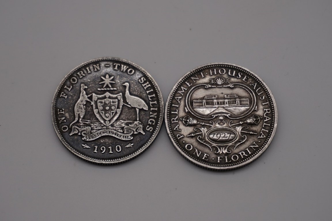 Coins: an Australian Parliament House 1929 florin; together with a 1910 example. (2) - Image 2 of 2
