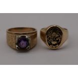 A gold oval signet ring; together with an amethyst set example, both stamped or hallmarked 9ct, 18.