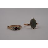 A ruby and diamond gold ring; together with an oval opal example, both hallmarked or stamped 9ct,