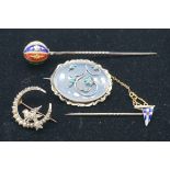 A pearl and ruby crescent bird gold brooch, stamped 9ct; together with a chalcedony and turquoise